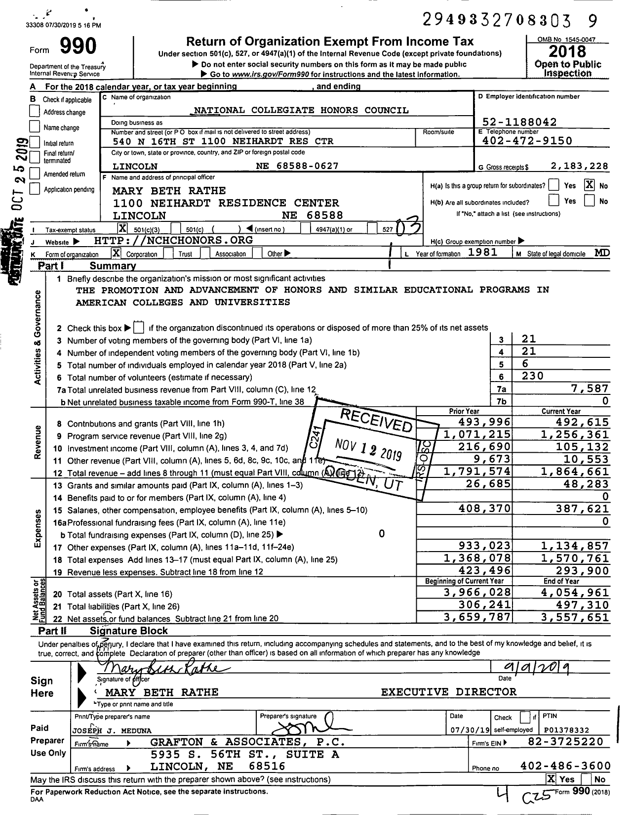 Image of first page of 2018 Form 990 for National Collegiate Honors Council (NCHC)