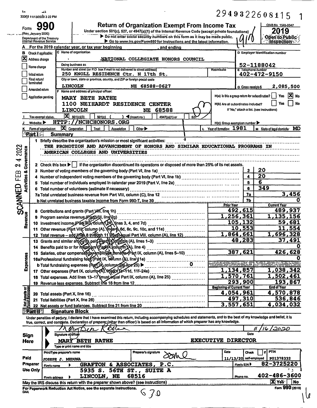 Image of first page of 2019 Form 990 for National Collegiate Honors Council (NCHC)