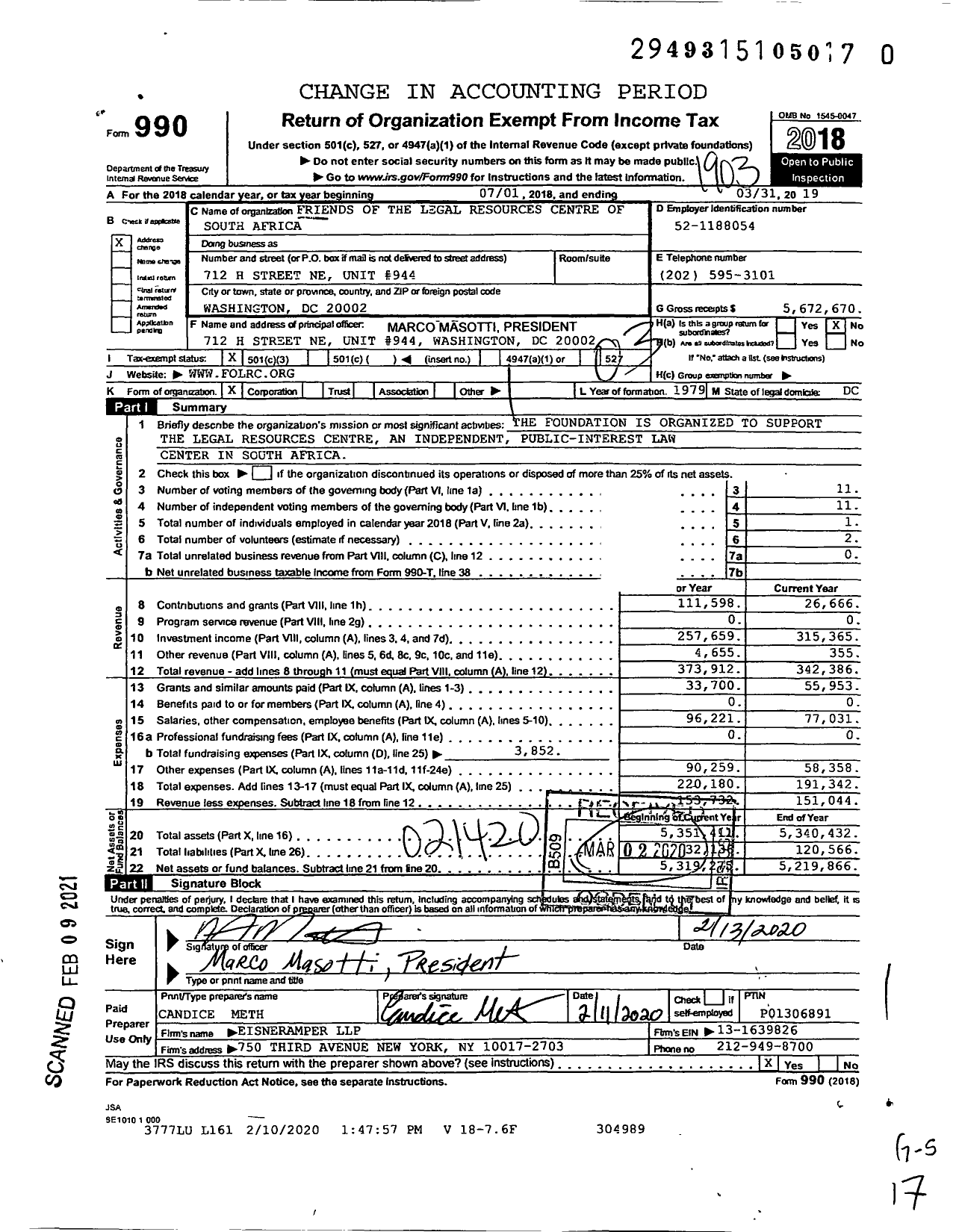 Image of first page of 2018 Form 990 for Friends of the Legal Resources Centre of South Africa