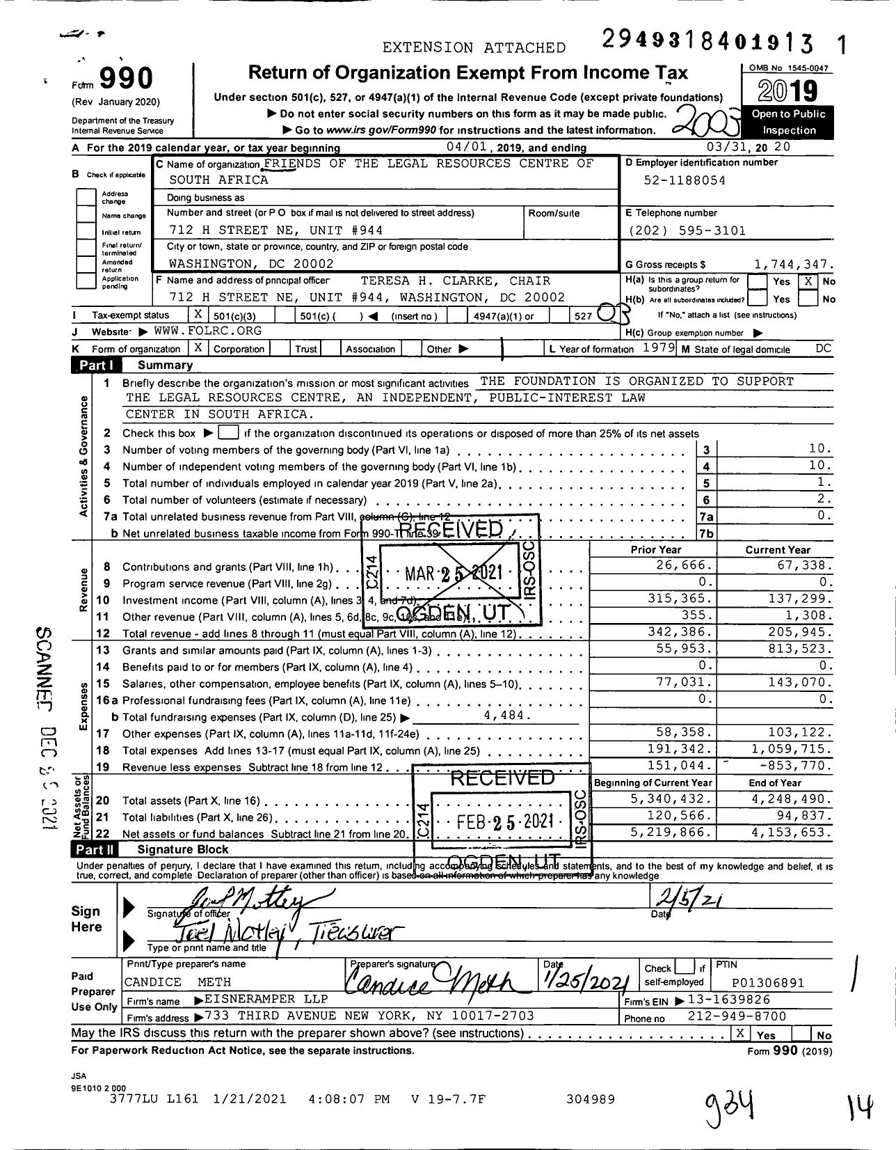 Image of first page of 2019 Form 990 for Friends of the Legal Resources Centre of South Africa