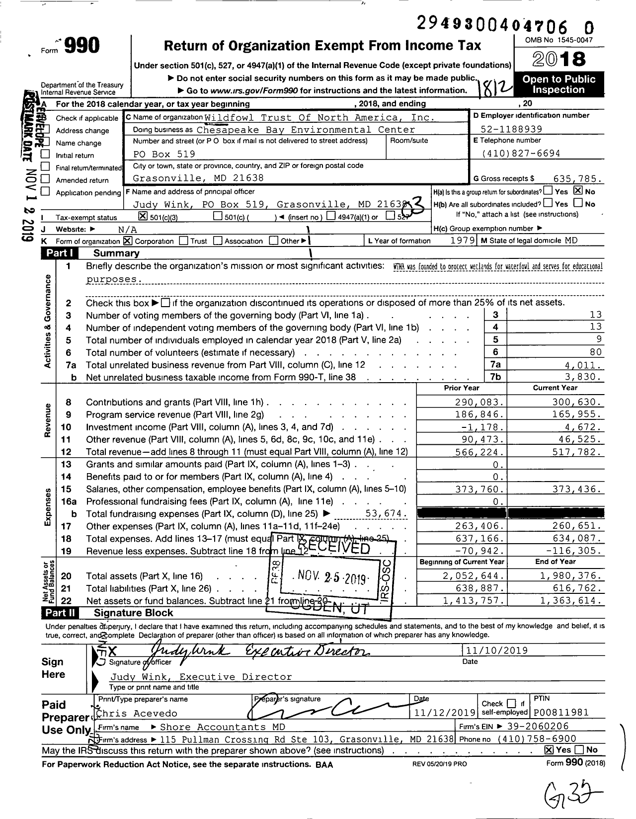 Image of first page of 2018 Form 990 for Chesapeake Bay Environmental Center