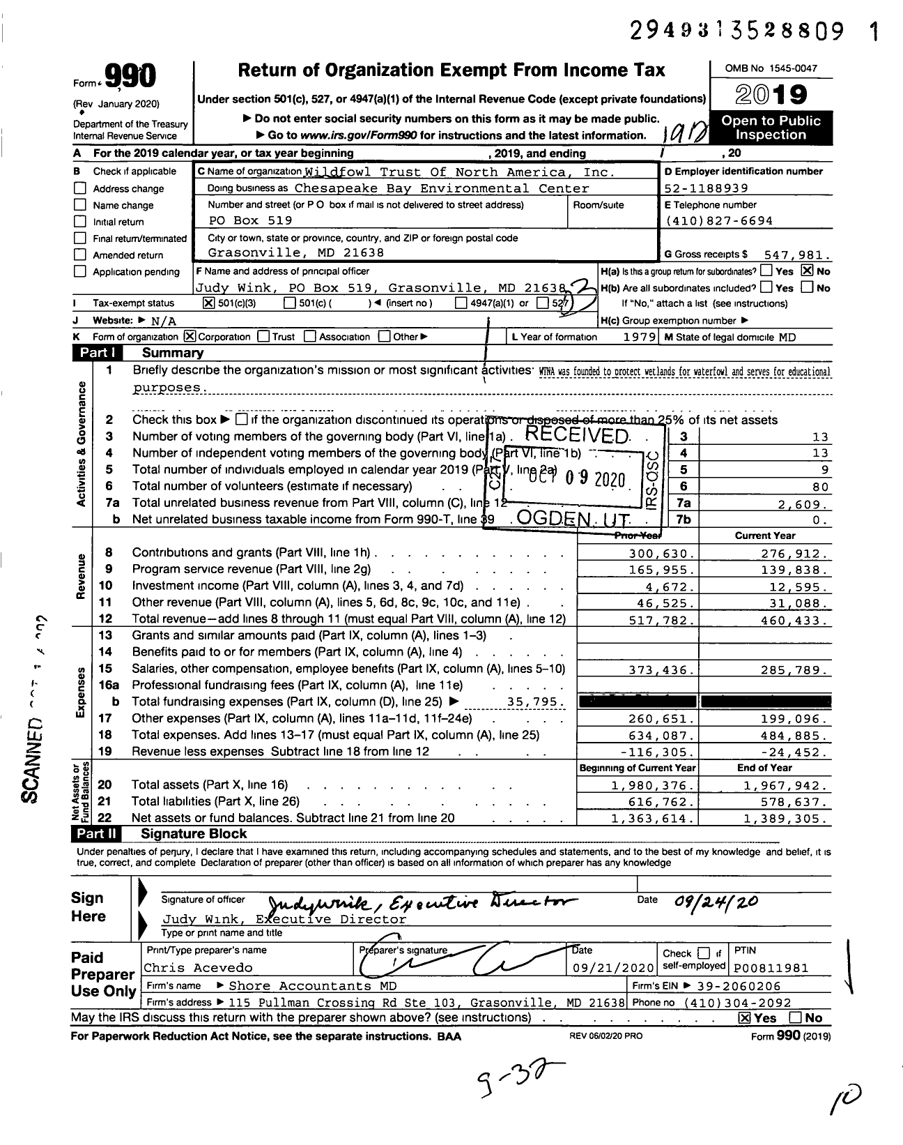 Image of first page of 2019 Form 990 for Chesapeake Bay Environmental Center