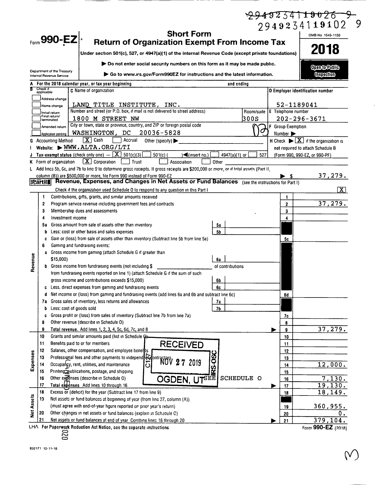 Image of first page of 2018 Form 990EZ for Land Title Institute