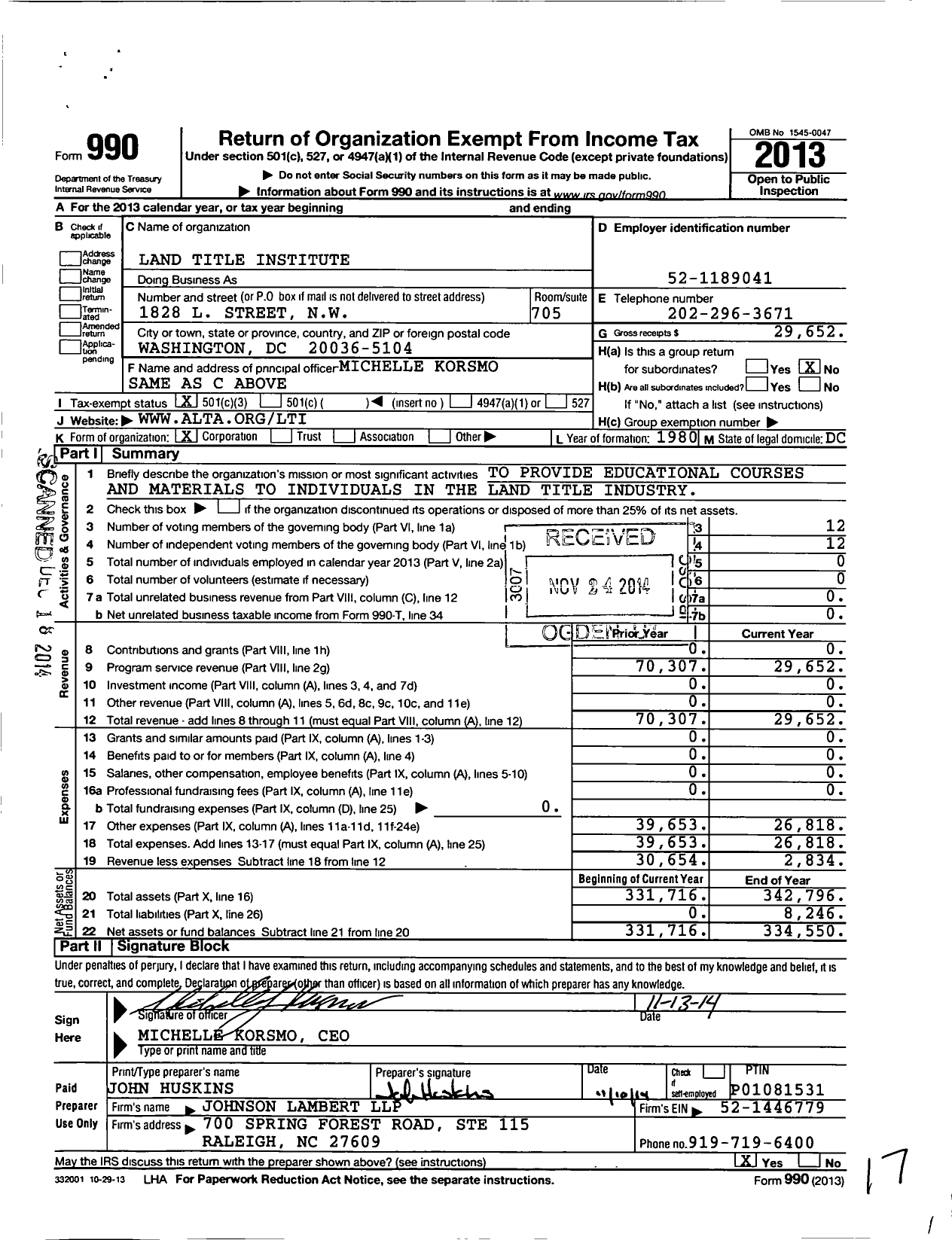 Image of first page of 2013 Form 990 for Land Title Institute