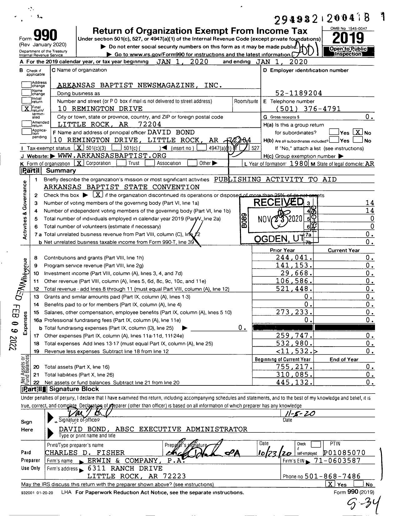 Image of first page of 2019 Form 990 for Arkansas Baptist Newsmagazine