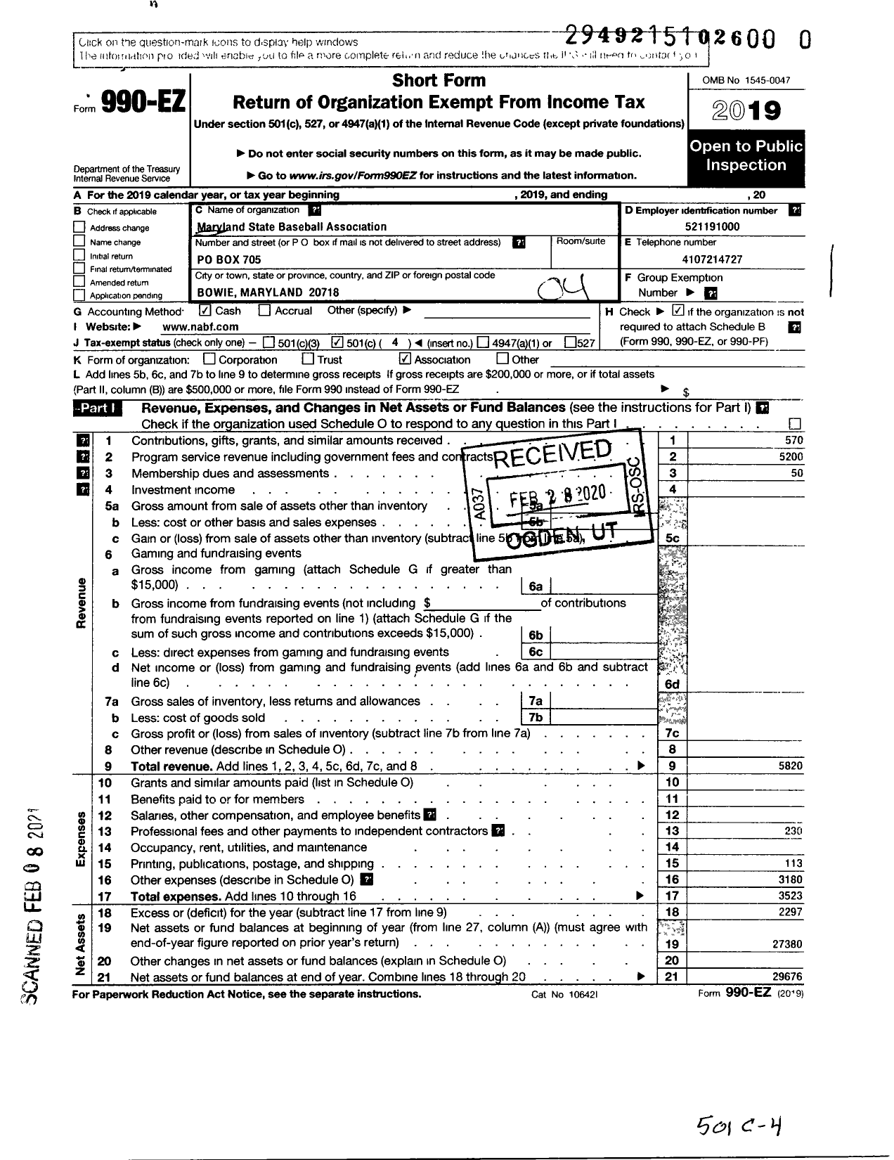 Image of first page of 2019 Form 990EO for Maryland State Baseball Association