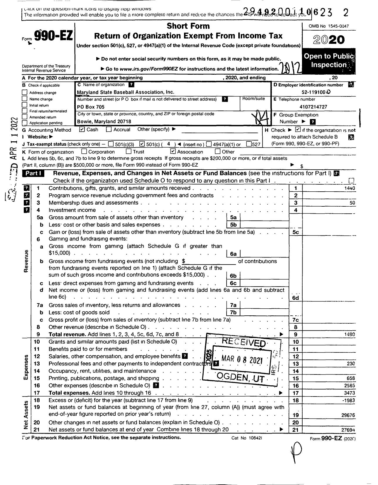 Image of first page of 2020 Form 990EO for Maryland State Baseball Association