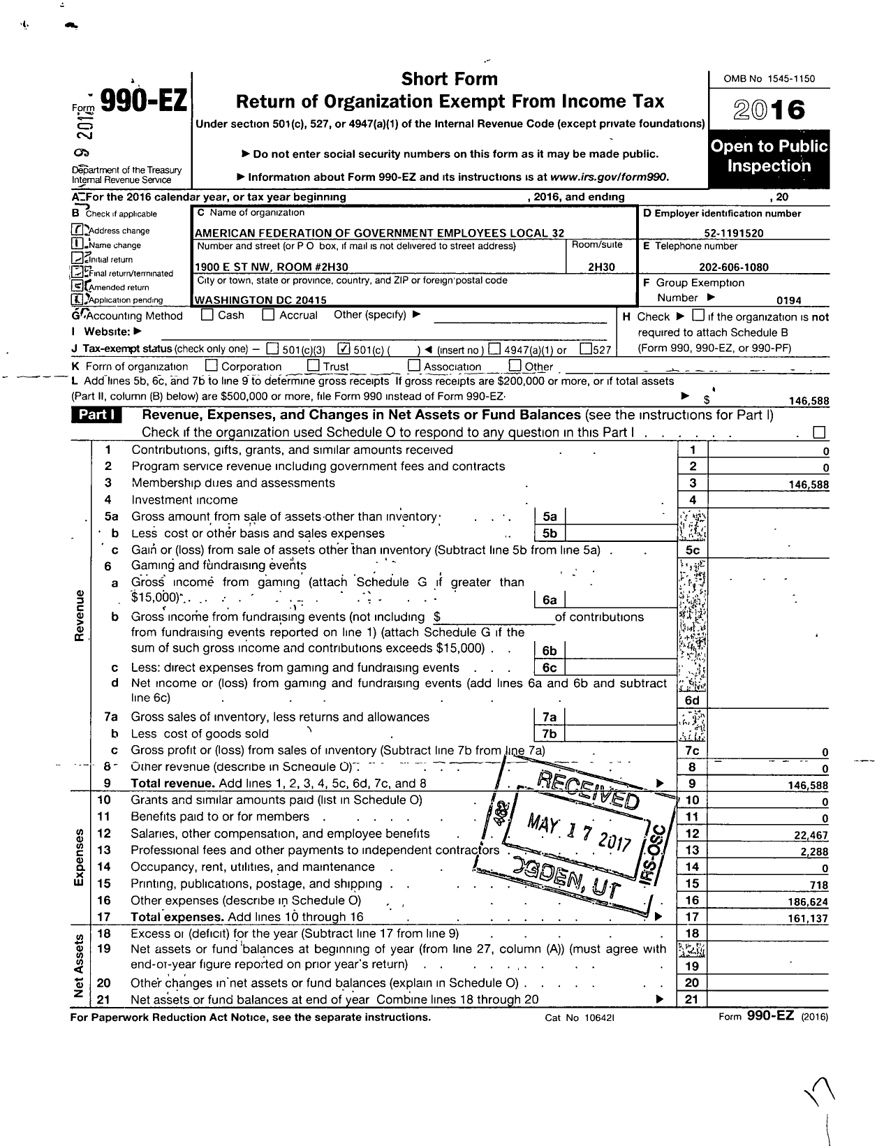 Image of first page of 2016 Form 990EO for American Federation of Government Employees - 0032 Afge Local