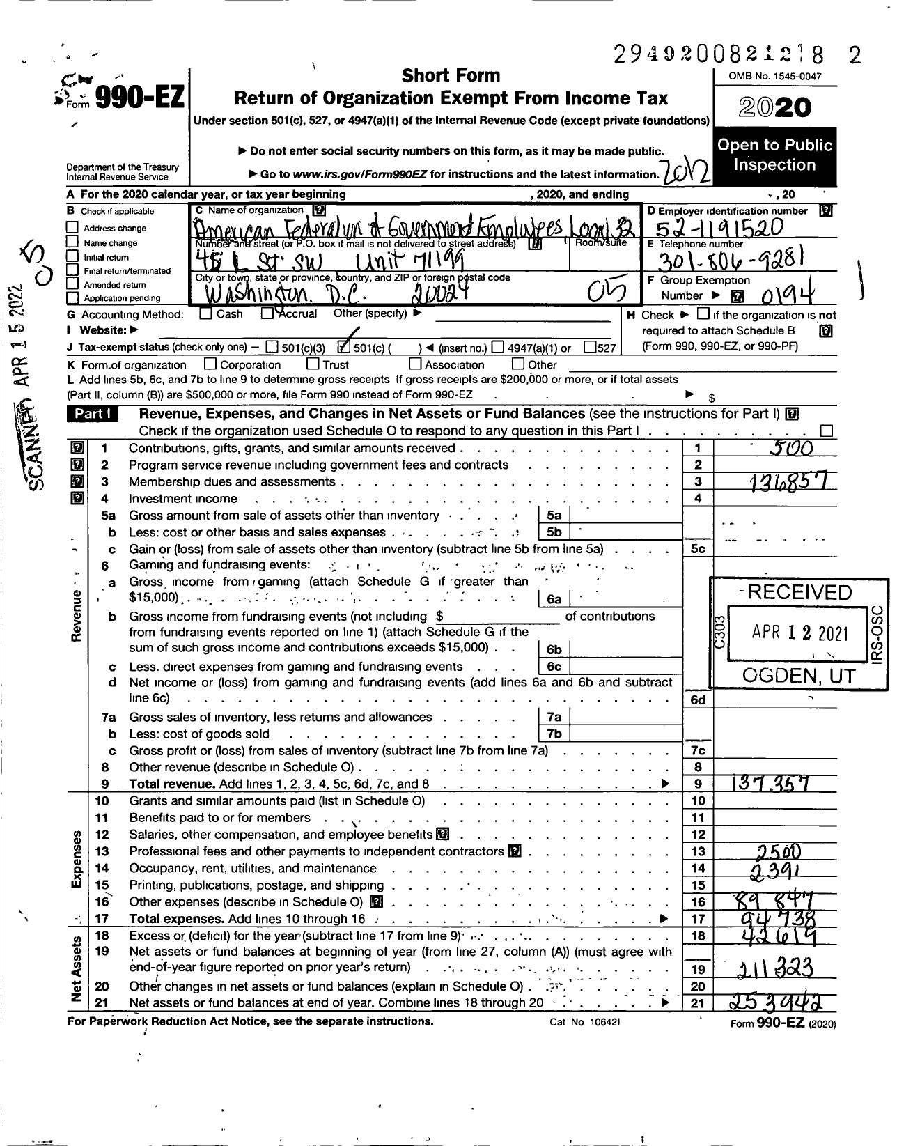 Image of first page of 2020 Form 990EO for American Federation of Government Employees - 0032 Afge Local