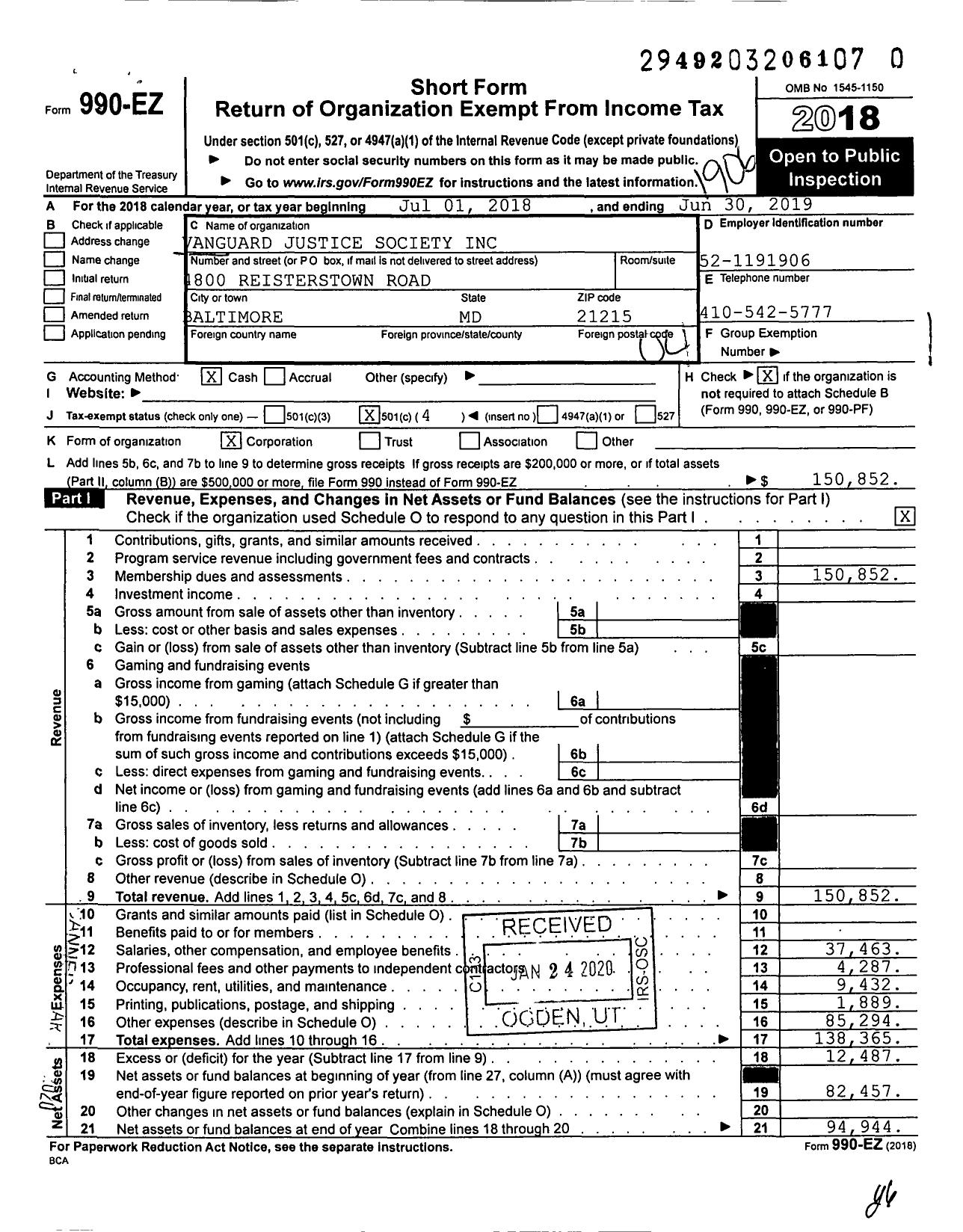 Image of first page of 2018 Form 990EO for Vanguard Justice Society