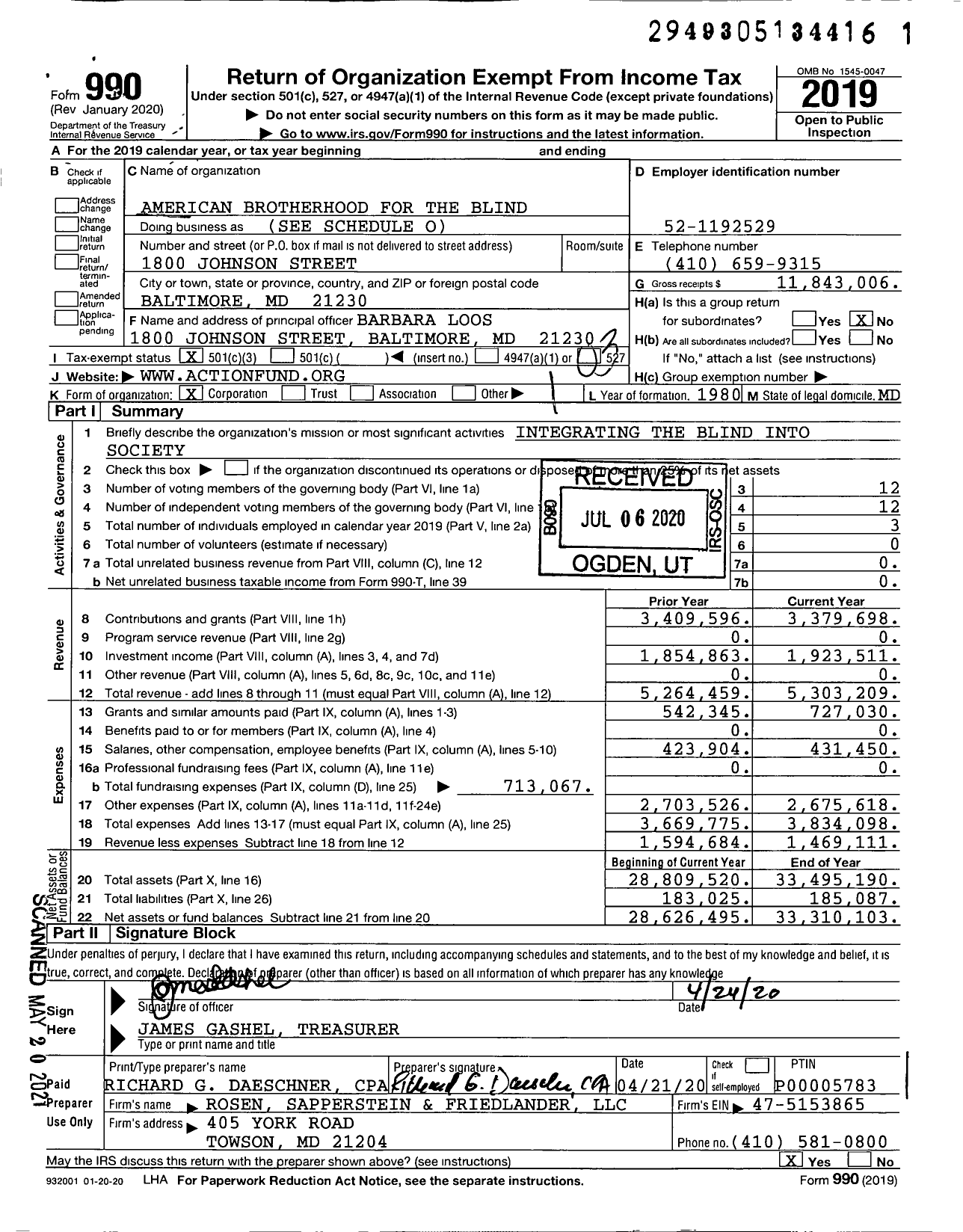 Image of first page of 2019 Form 990 for American Action Fund for Blind Children and Adults / Blind Children and Adults