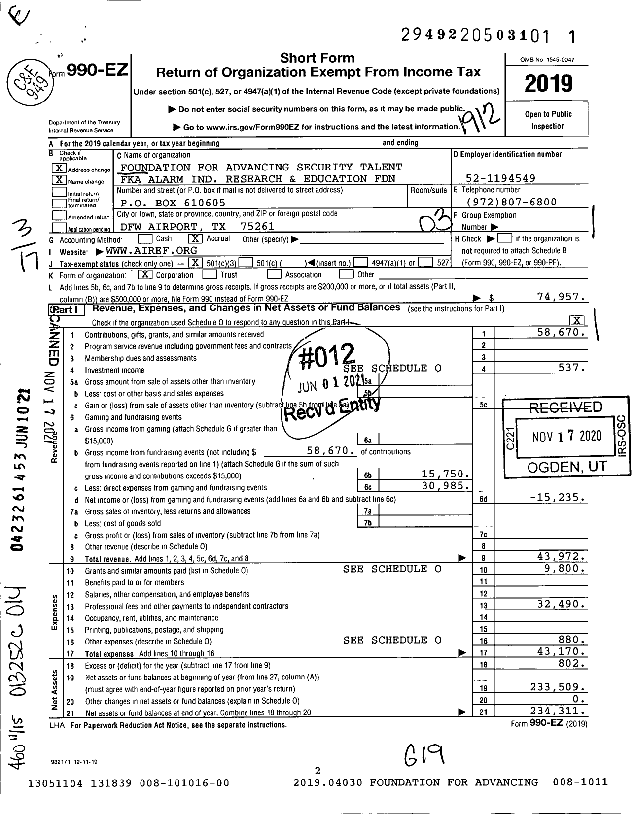 Image of first page of 2019 Form 990EZ for Foundation for Advancing Security Talent