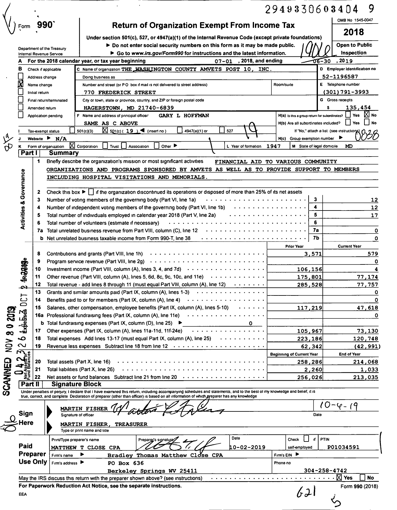 Image of first page of 2018 Form 990O for Amvets - 10 Washington County Amvets Post