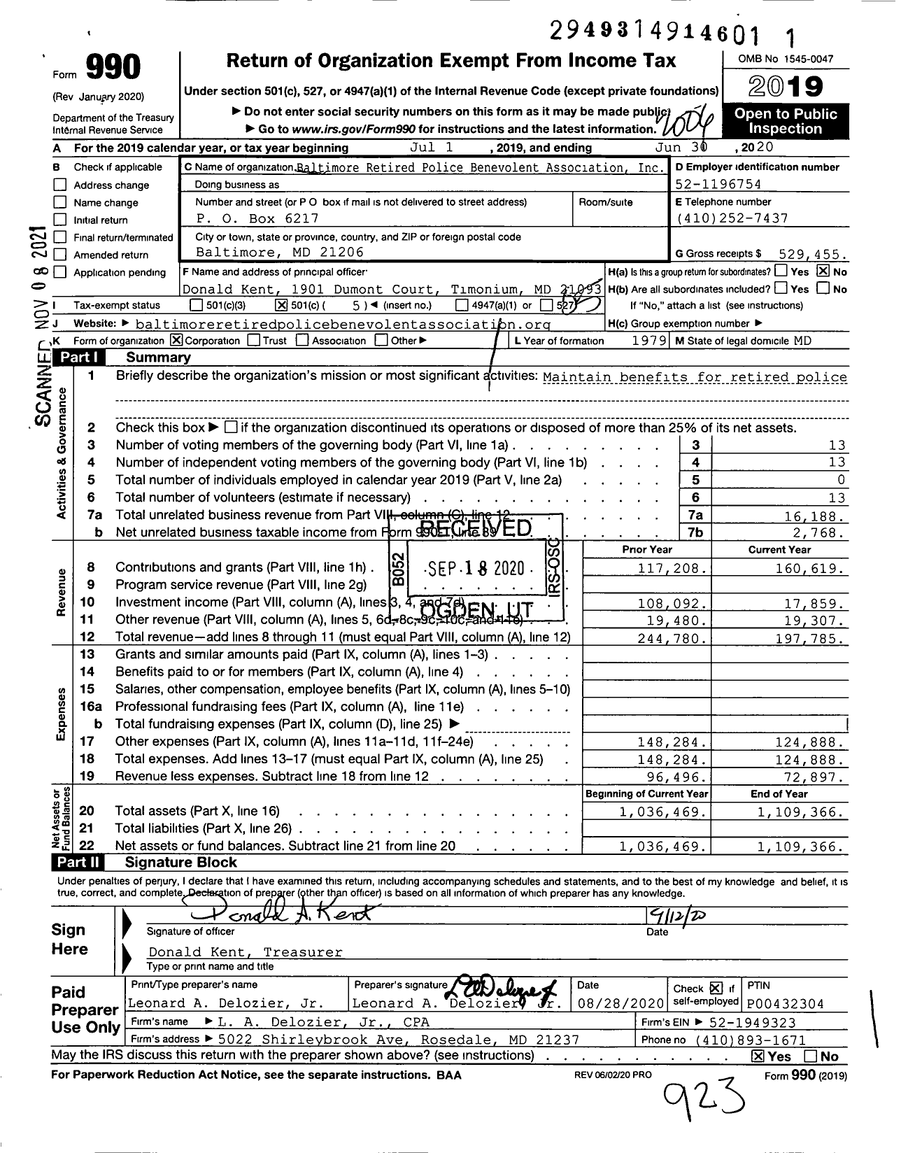 Image of first page of 2019 Form 990O for Baltimore Retired Police Benevolent Association