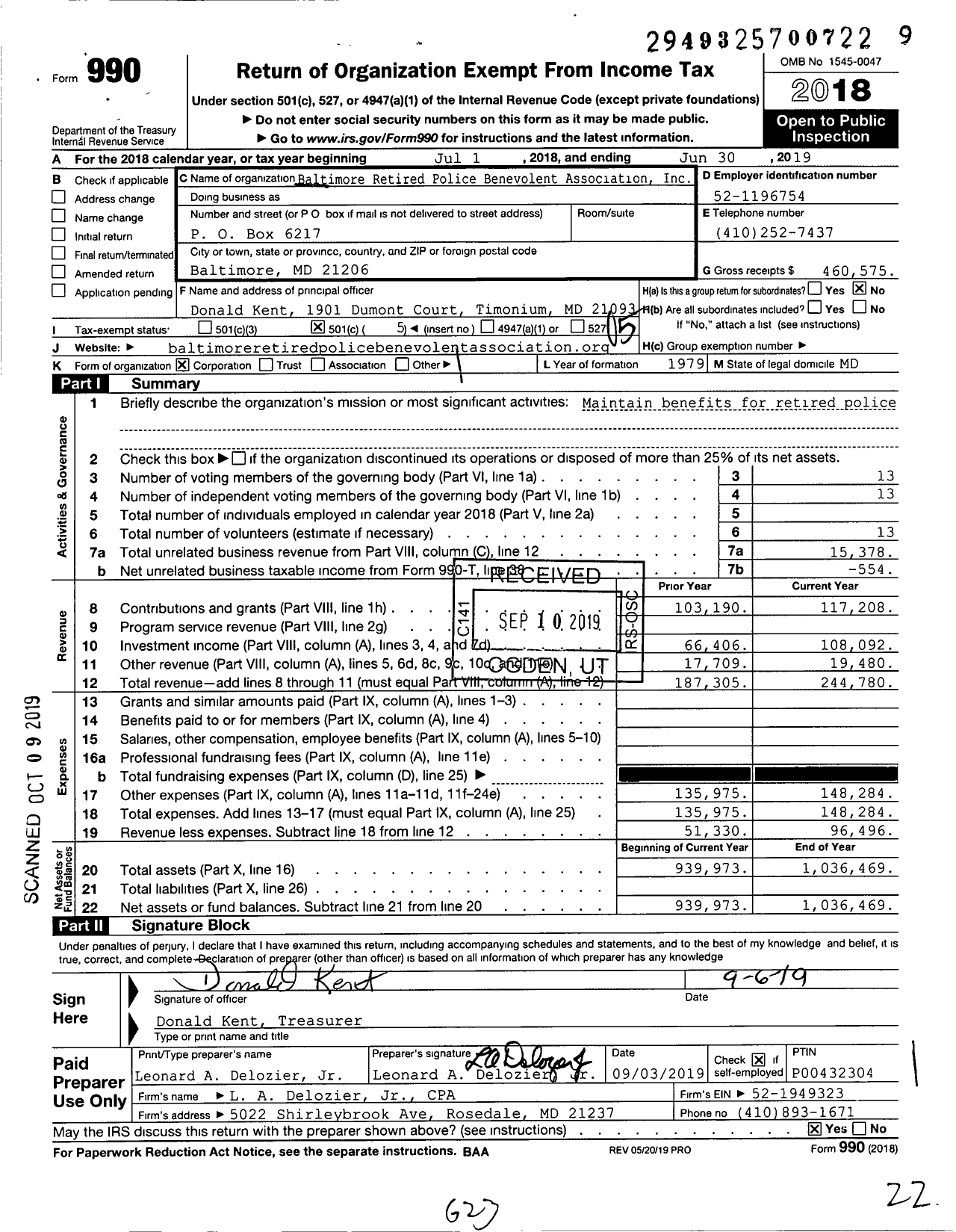 Image of first page of 2018 Form 990O for Baltimore Retired Police Benevolent Association