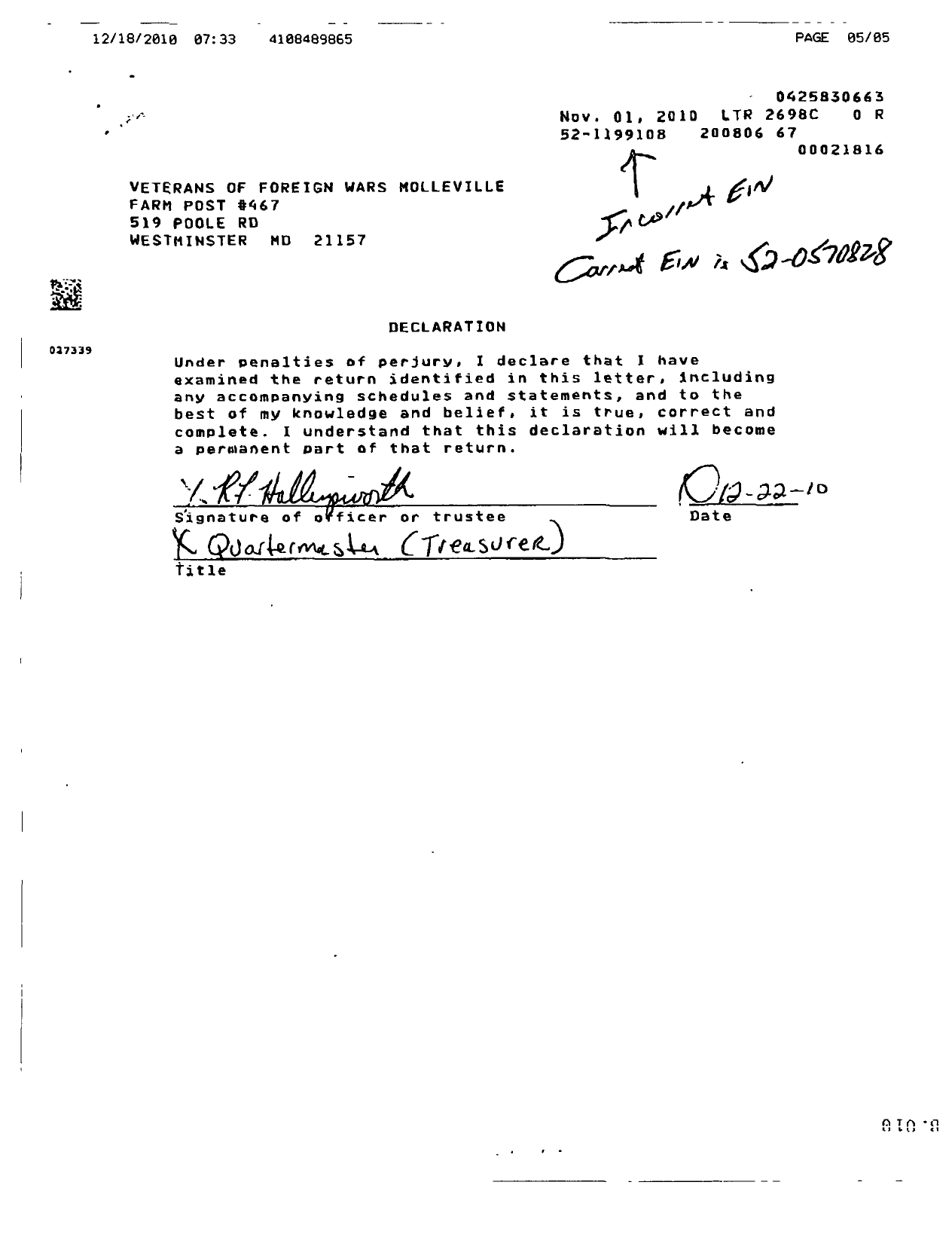 Image of first page of 2007 Form 990OR for Veterans of Foreign Wars of the United States Auxiliary Dept of MD - 467 Molleville Farm