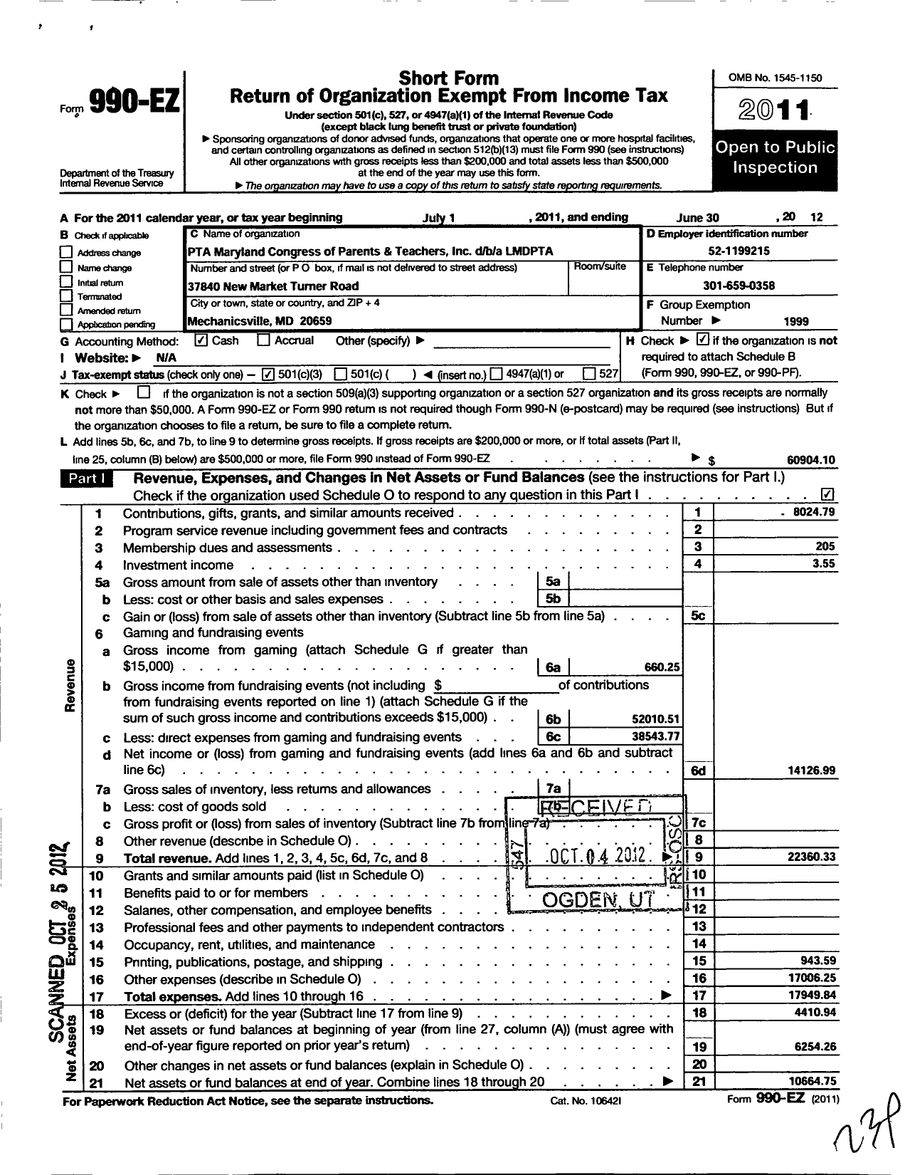 Image of first page of 2011 Form 990EZ for PTA Maryland Congress of Parents and Teachers / Mdpta