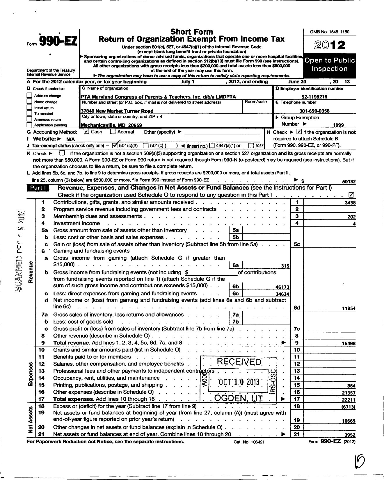 Image of first page of 2012 Form 990EZ for PTA Maryland Congress of Parents and Teachers / Mdpta