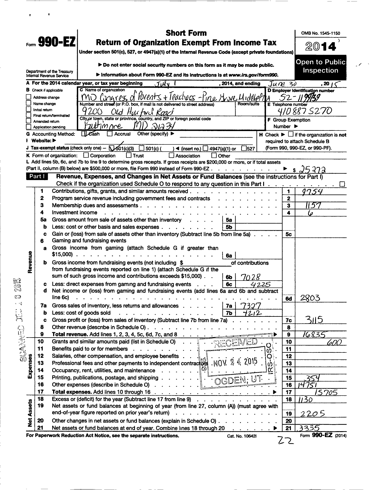 Image of first page of 2014 Form 990EZ for PTA Maryland Congress of Parents and Teachers / Pine Grove Middle School PTA