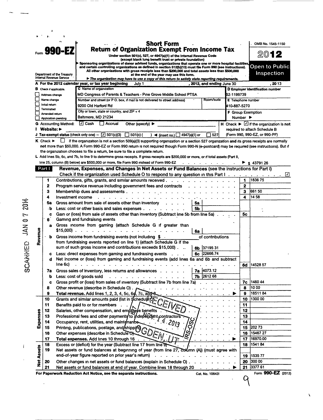 Image of first page of 2012 Form 990EZ for PTA Maryland Congress of Parents and Teachers / Pine Grove Middle School PTA