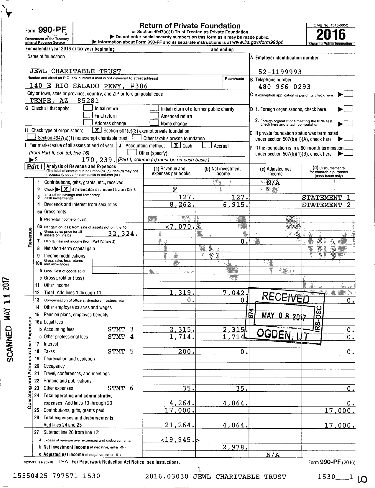Image of first page of 2016 Form 990PF for Jewl Charitable Trust