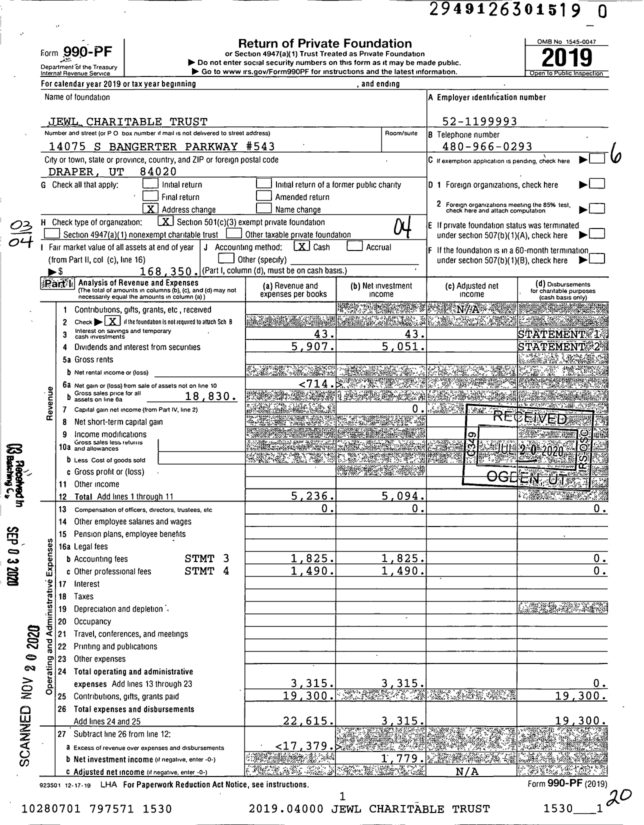 Image of first page of 2019 Form 990PF for Jewl Charitable Trust