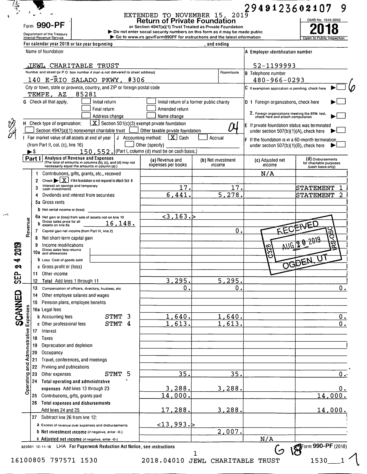 Image of first page of 2018 Form 990PF for Jewl Charitable Trust
