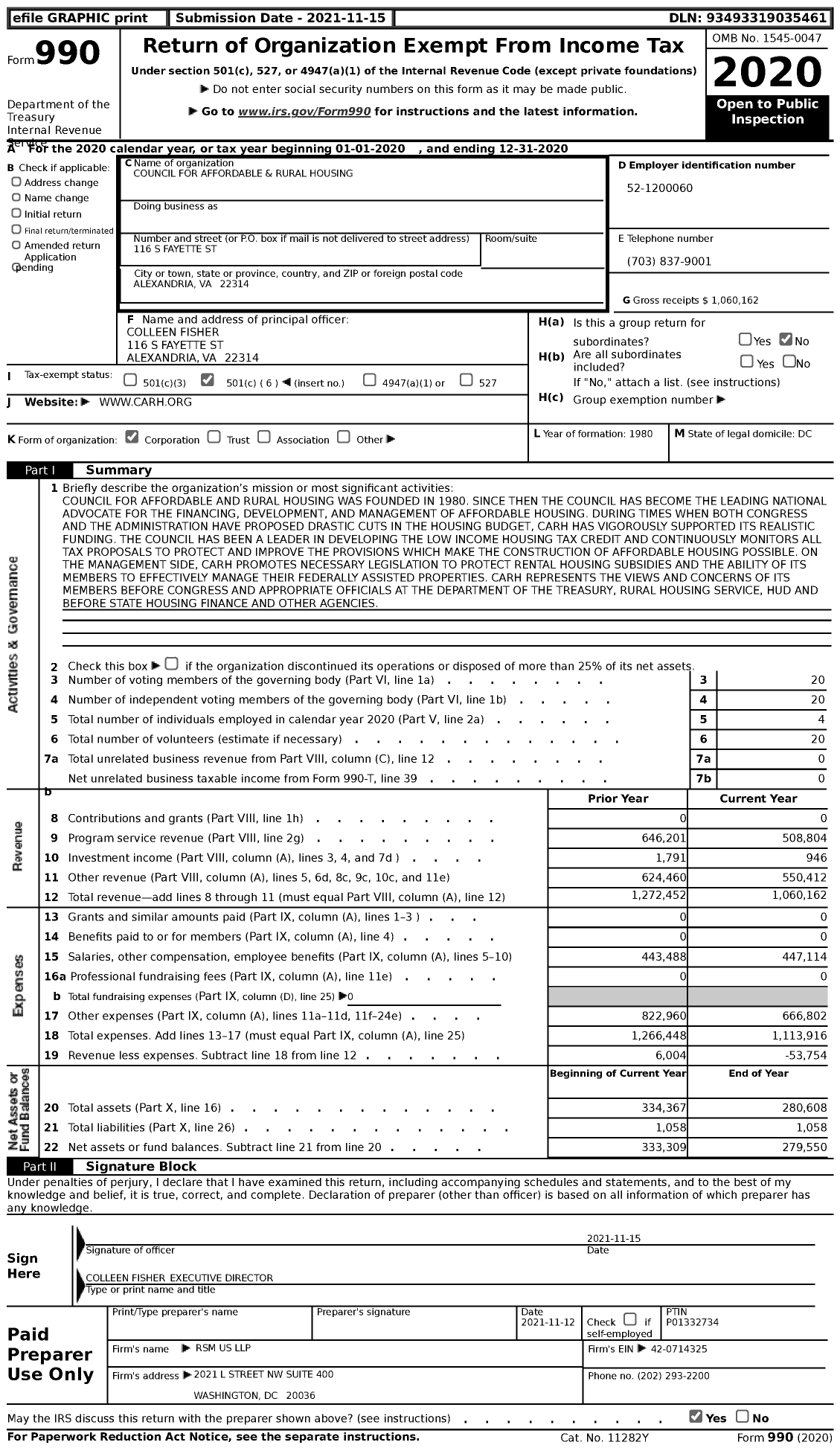 Image of first page of 2020 Form 990 for Council for Affordable and Rural Housing (CARH)