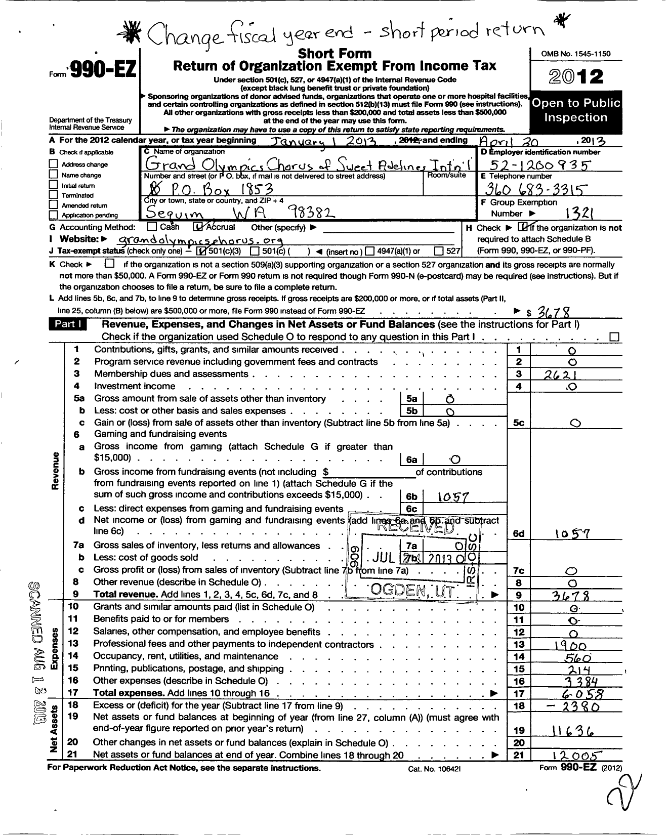 Image of first page of 2012 Form 990EZ for Sweet Adelines International - 110613 Grand Olympics