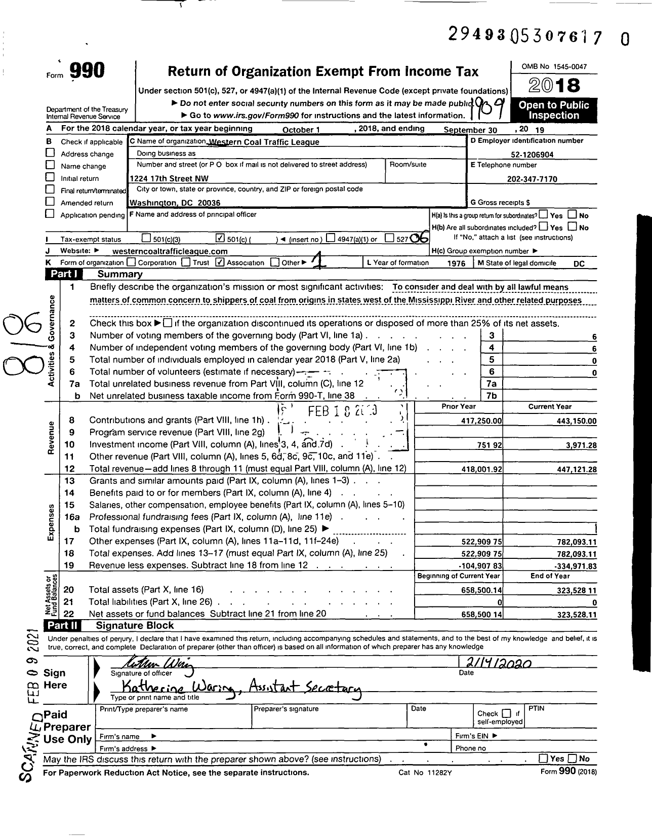 Image of first page of 2018 Form 990O for Western Coal Traffic League