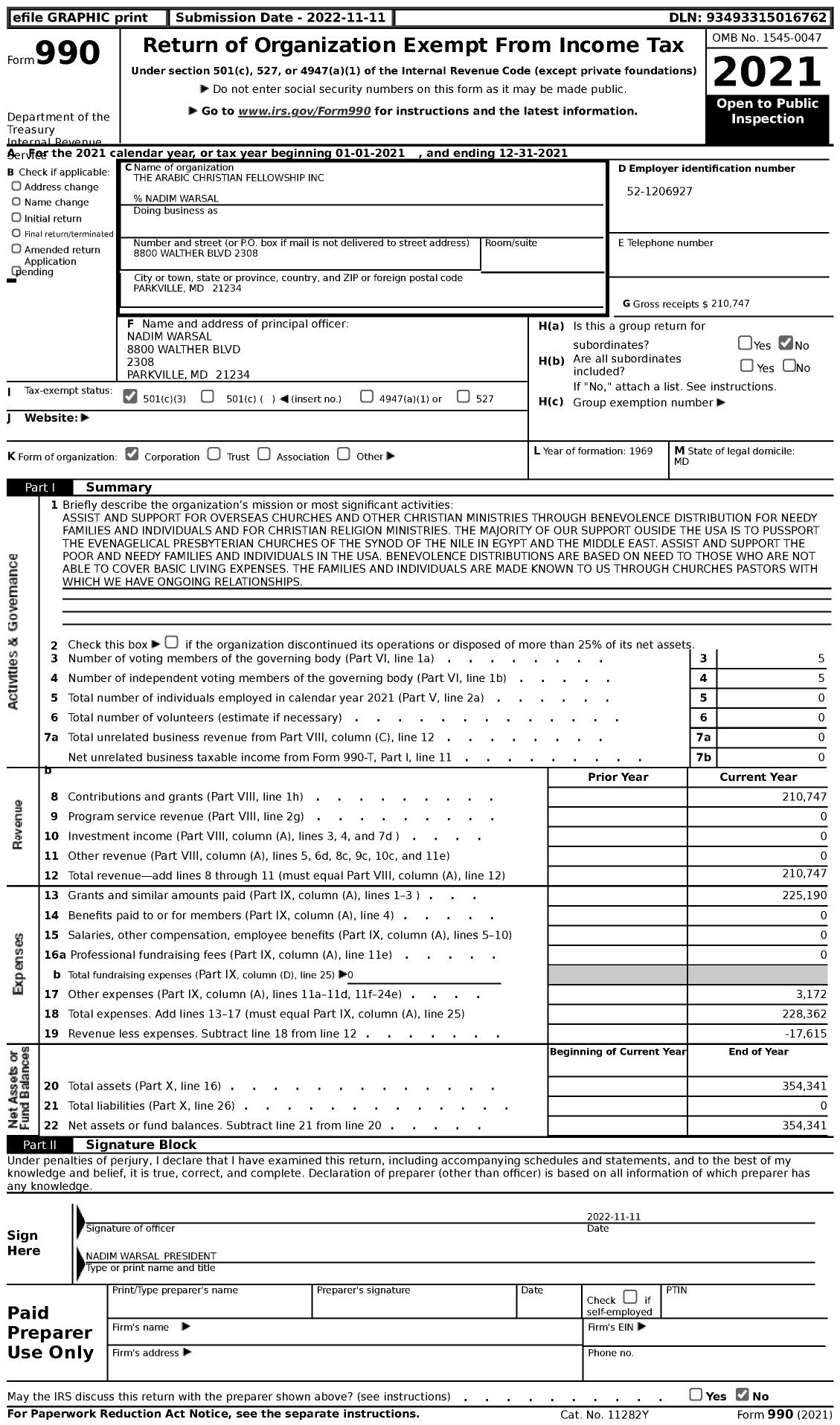 Image of first page of 2021 Form 990 for The Arabic Christian Fellowship