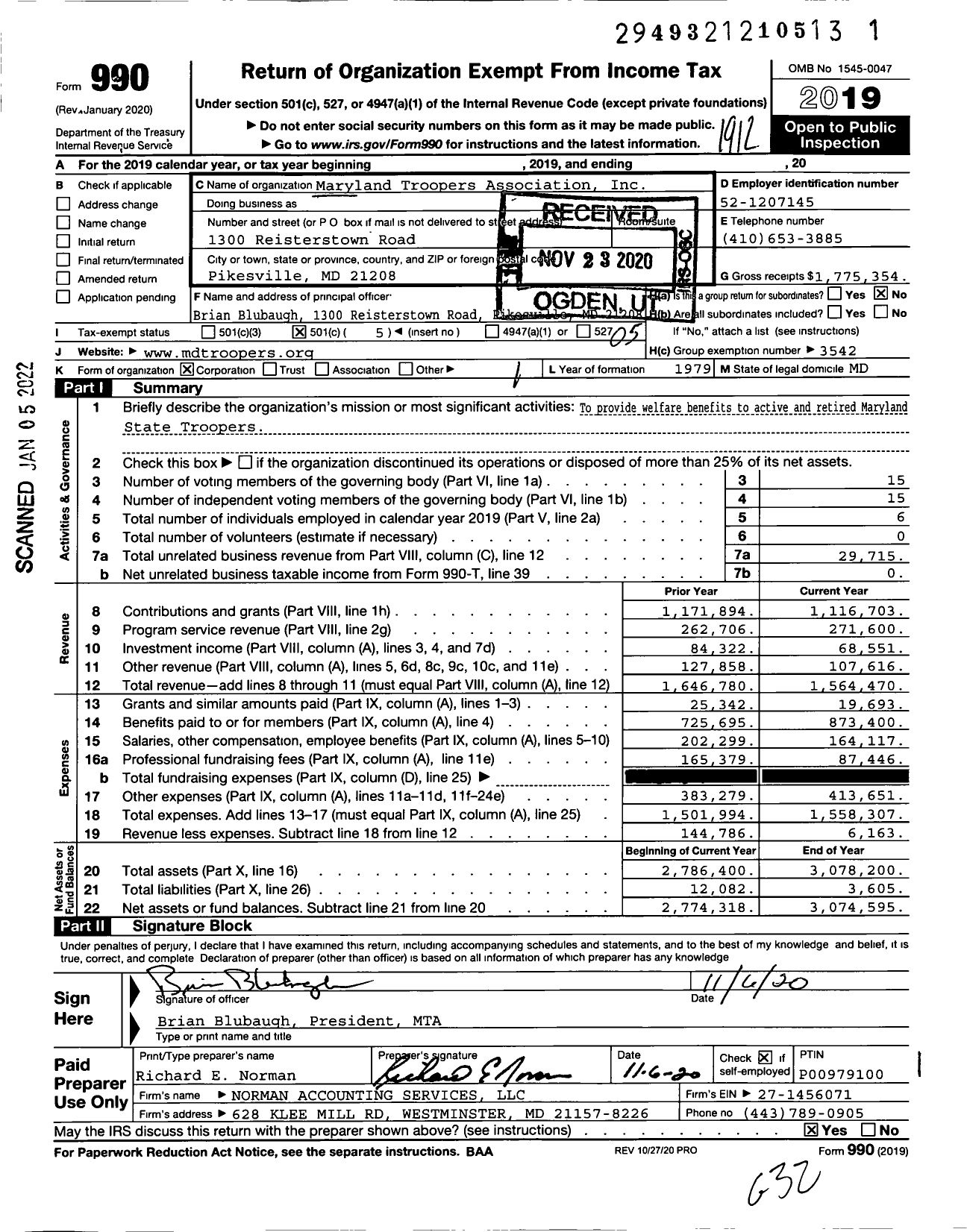 Image of first page of 2019 Form 990O for Maryland Troopers Association