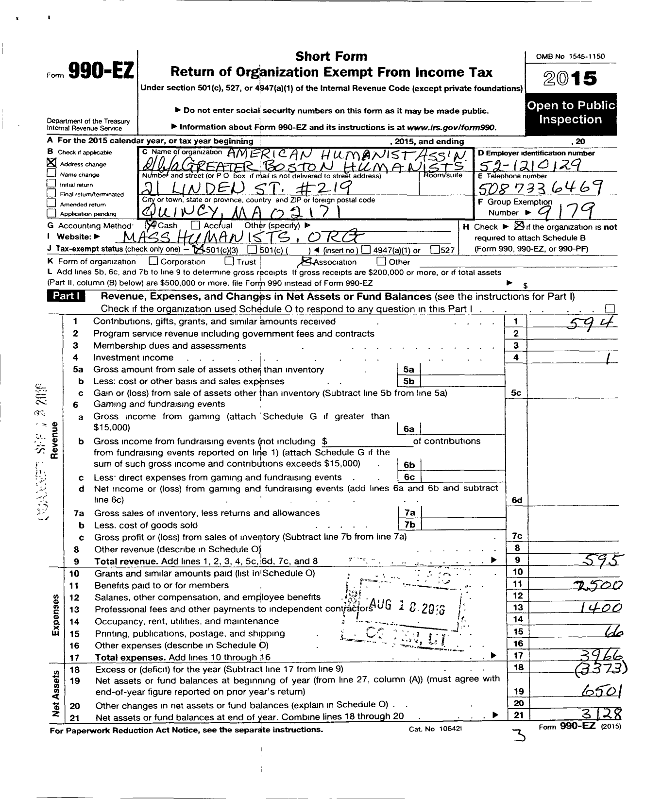 Image of first page of 2015 Form 990EZ for American Humanist Association / Greater Boston Humanists