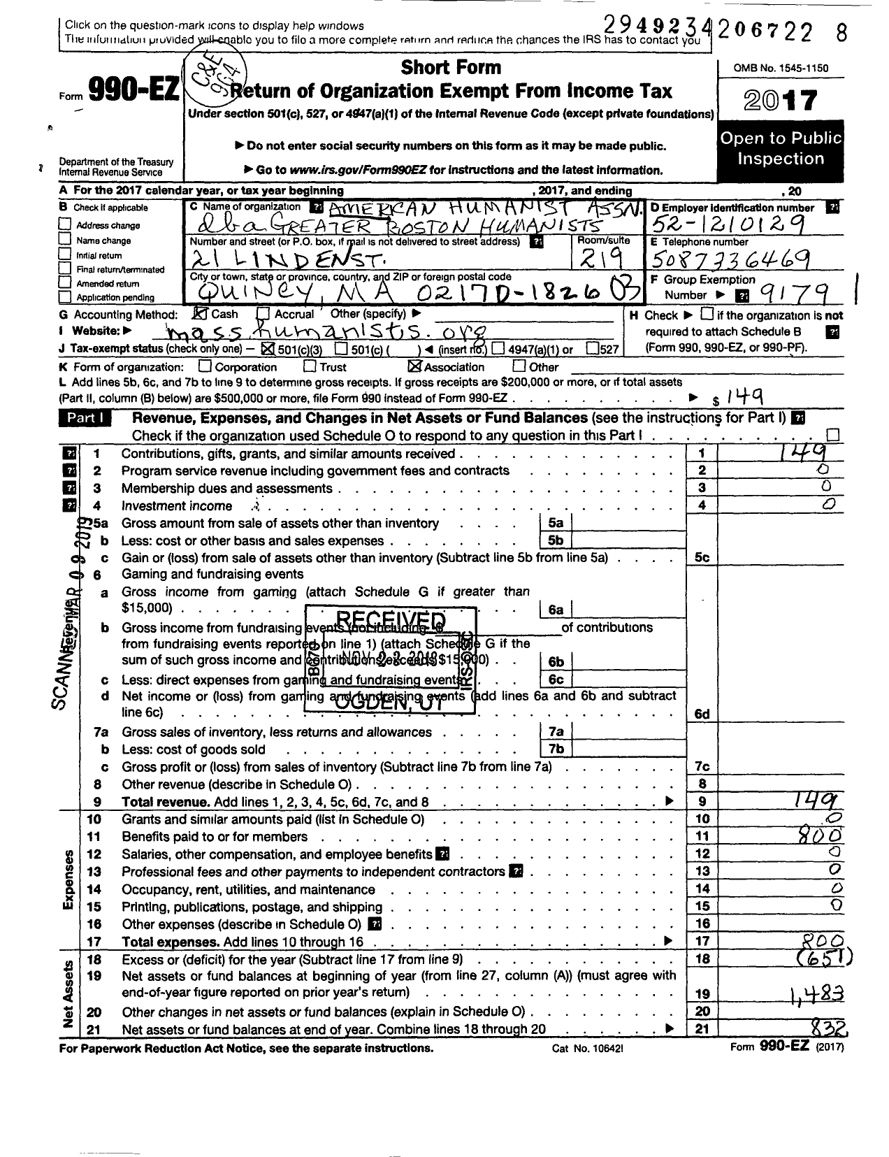 Image of first page of 2017 Form 990EZ for American Humanist Association / Greater Boston Humanists