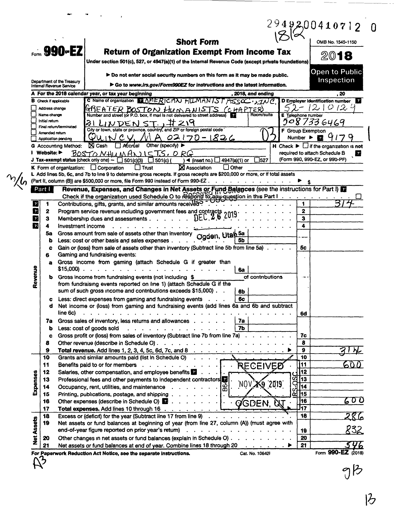 Image of first page of 2018 Form 990EZ for American Humanist Association / Greater Boston Humanists