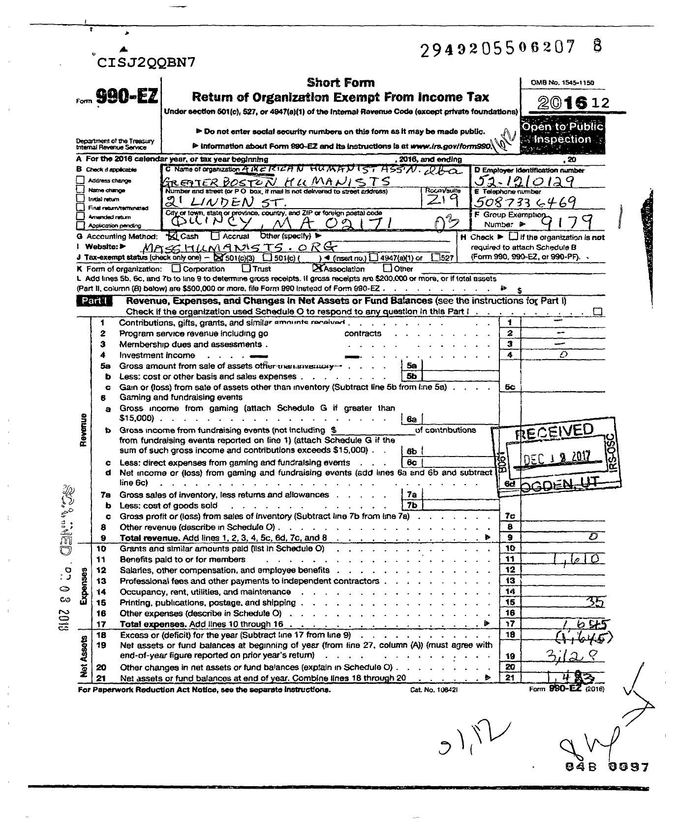 Image of first page of 2016 Form 990EZ for American Humanist Association / Greater Boston Humanists