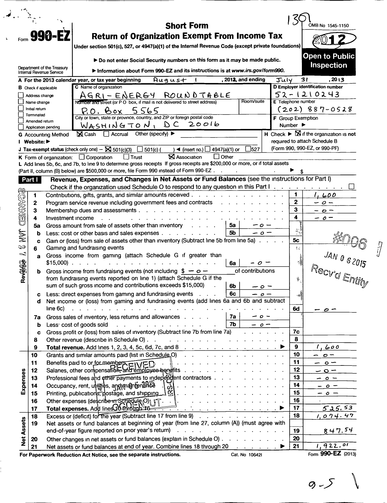 Image of first page of 2012 Form 990EZ for Agri-Energy Roundtable