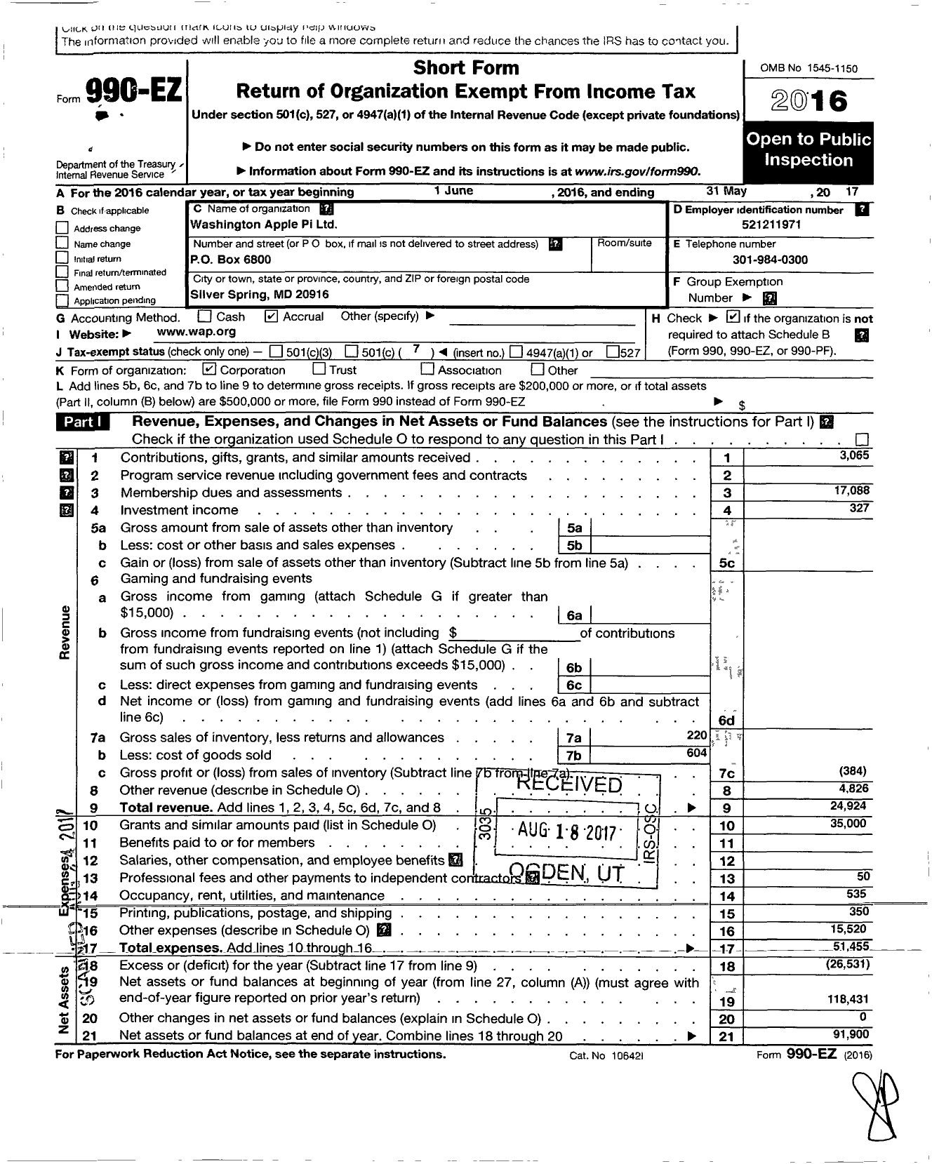 Image of first page of 2016 Form 990EO for Washington Apple Pi