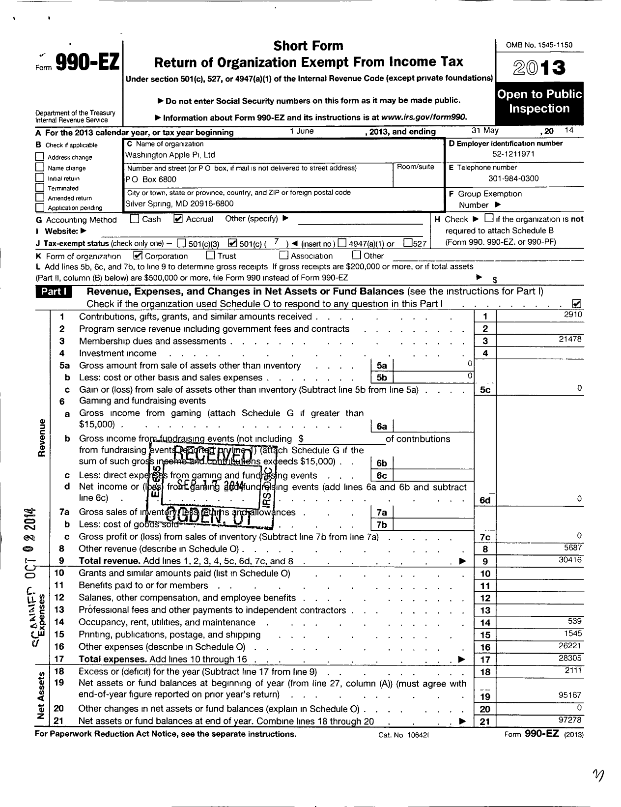 Image of first page of 2013 Form 990EO for Washington Apple Pi