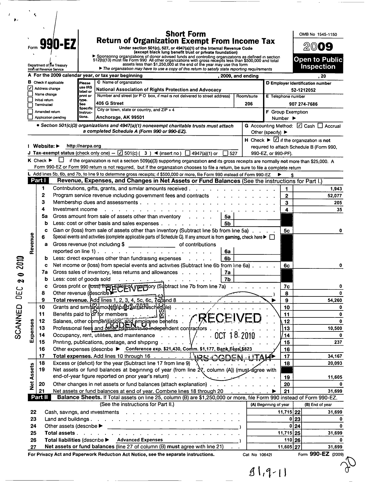 Image of first page of 2009 Form 990EZ for National Association for Rights Protection and Advocacy