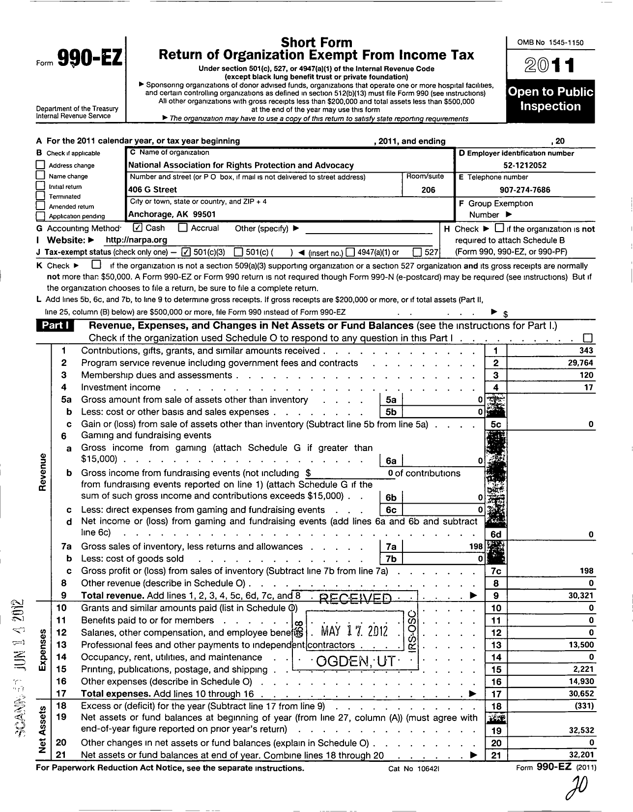 Image of first page of 2011 Form 990EZ for National Association for Rights Protection and Advocacy