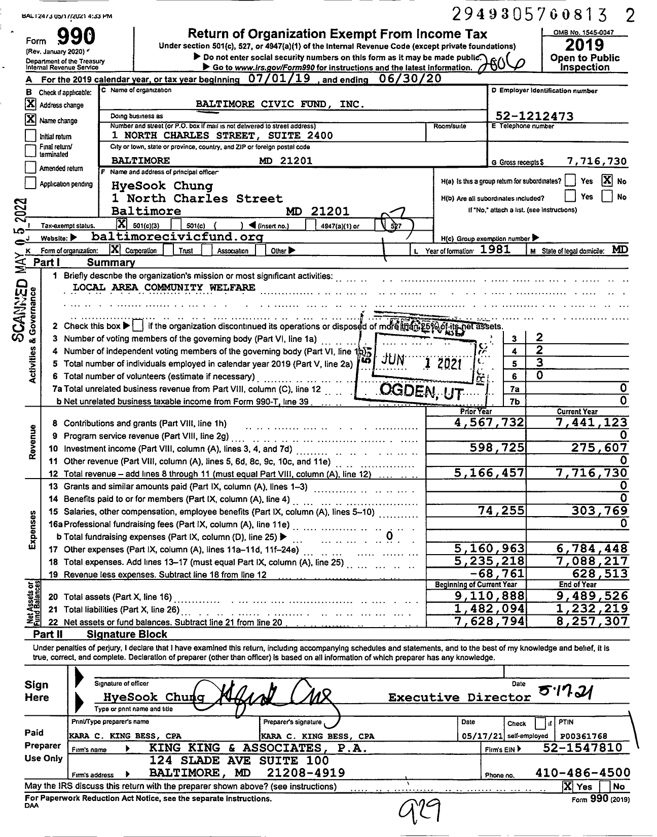 Image of first page of 2019 Form 990 for Baltimore Civic Fund