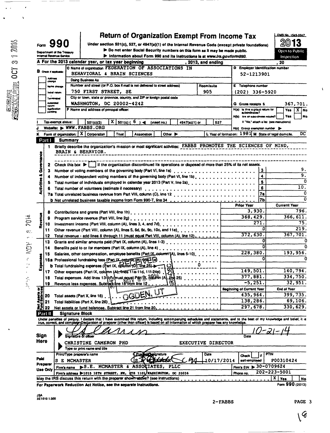 Image of first page of 2013 Form 990O for Federation of Associations in Behavioral and Brain Sciences