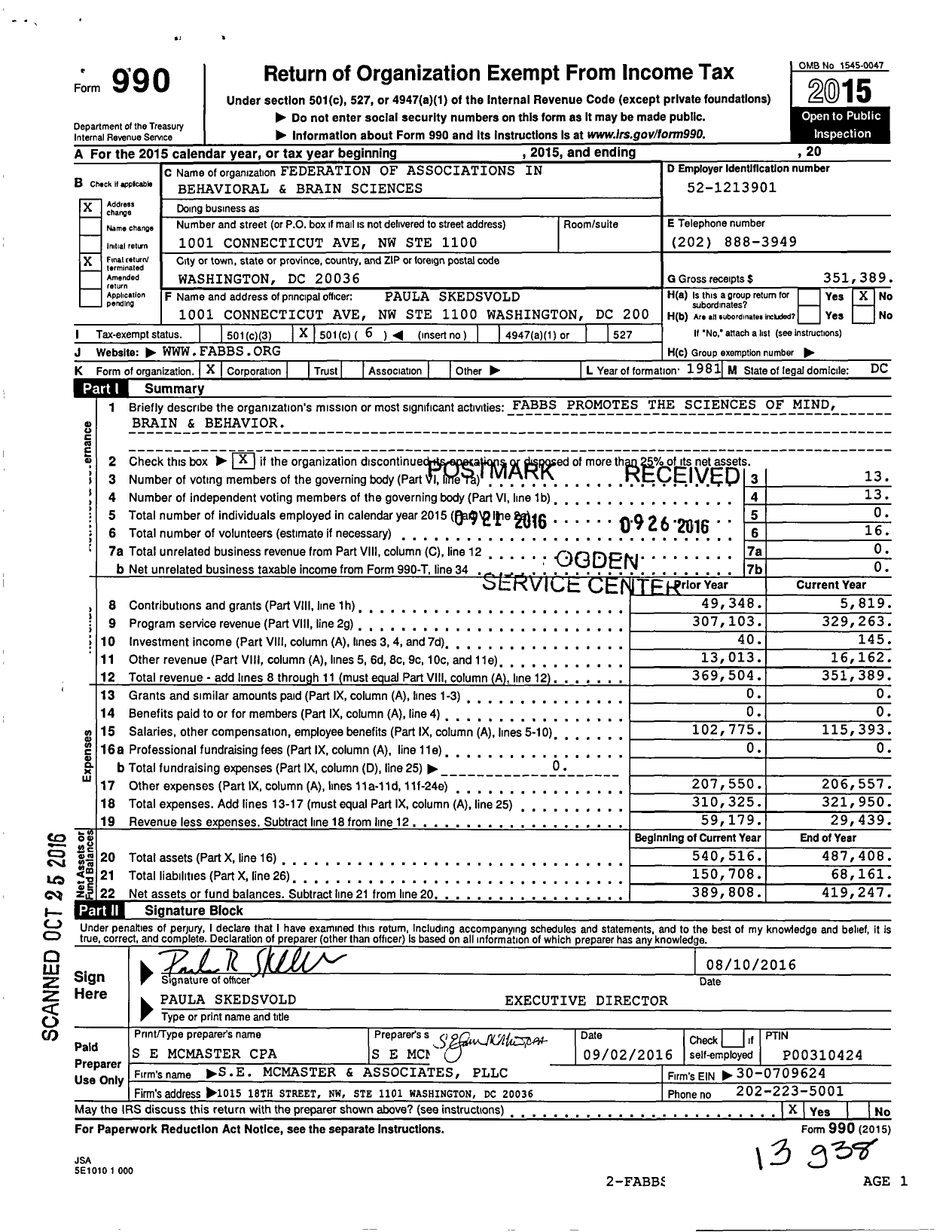 Image of first page of 2015 Form 990O for Federation of Associations in Behavioral and Brain Sciences