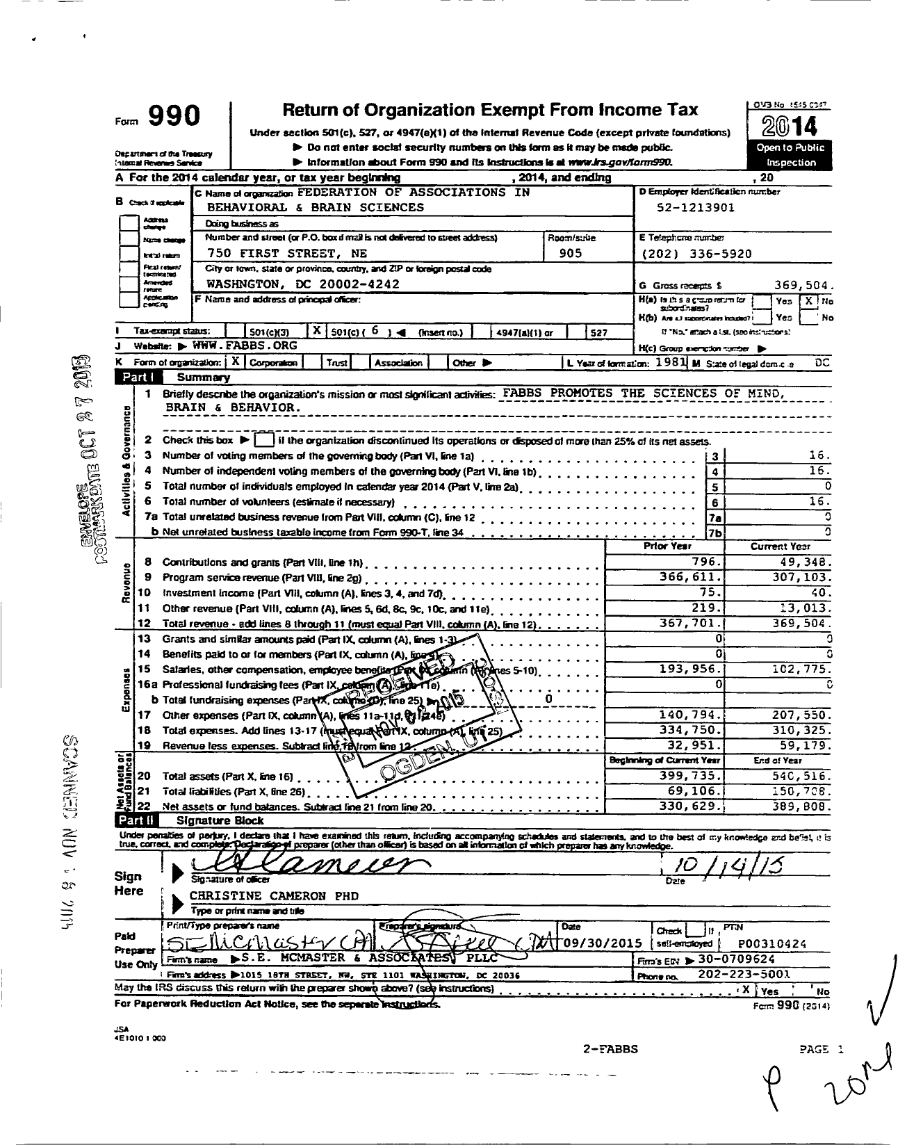 Image of first page of 2014 Form 990O for Federation of Associations in Behavioral and Brain Sciences