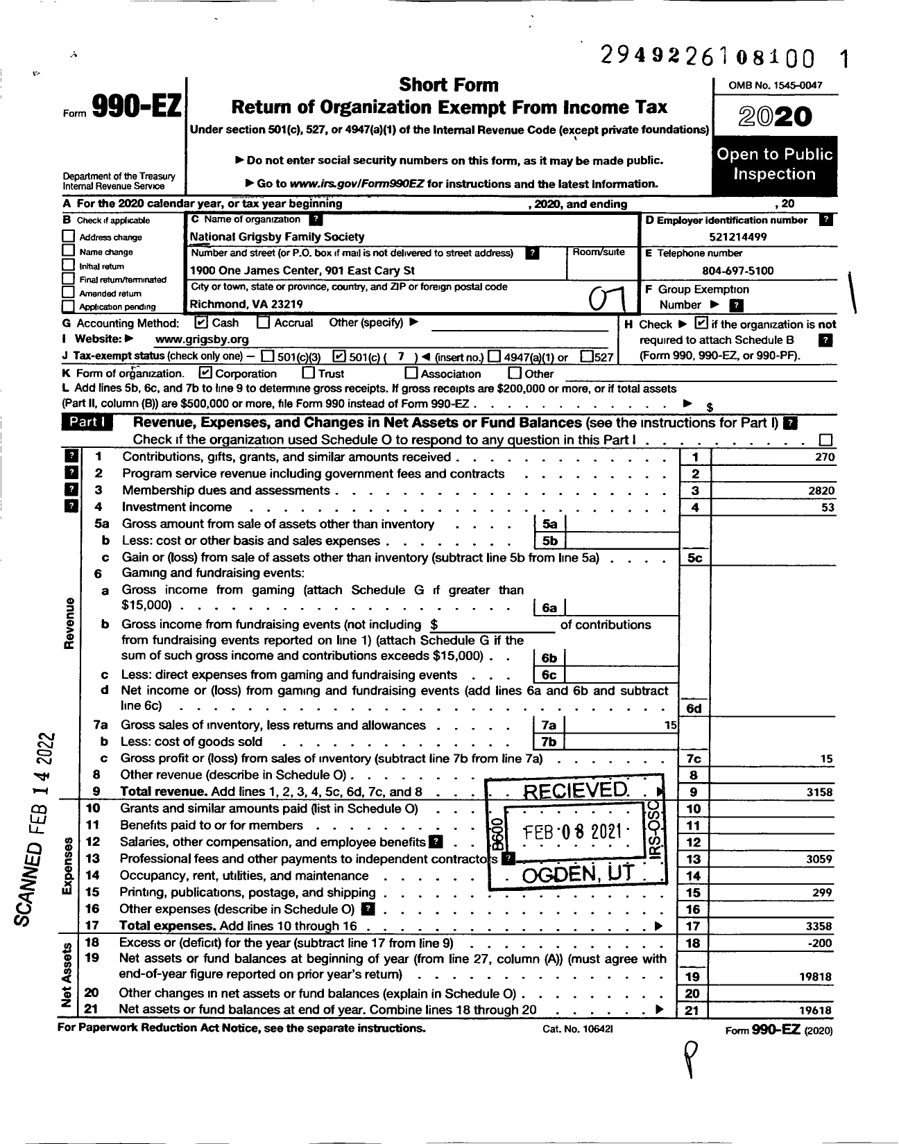 Image of first page of 2020 Form 990EO for National Grigsby Family Society