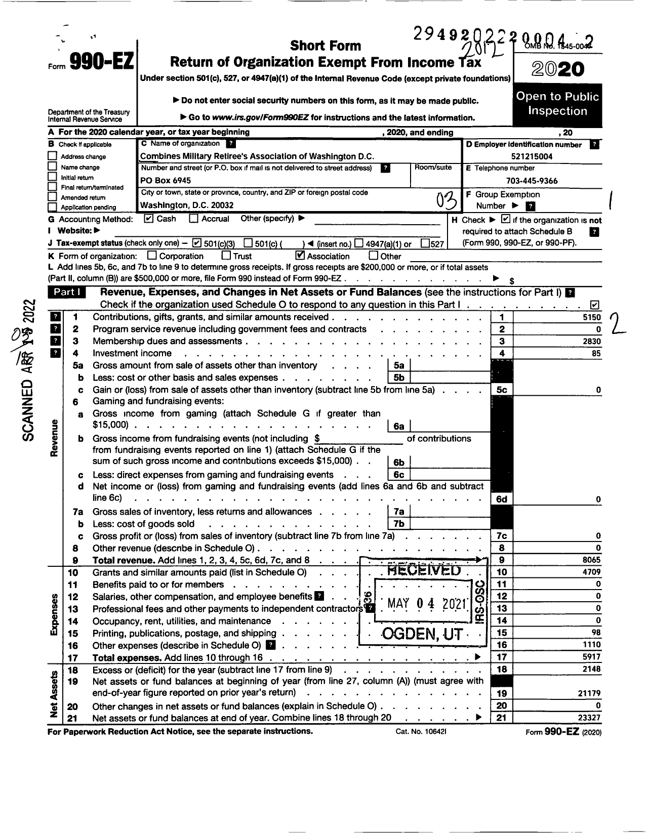 Image of first page of 2020 Form 990EZ for The Combined Military Retirees Association of DC