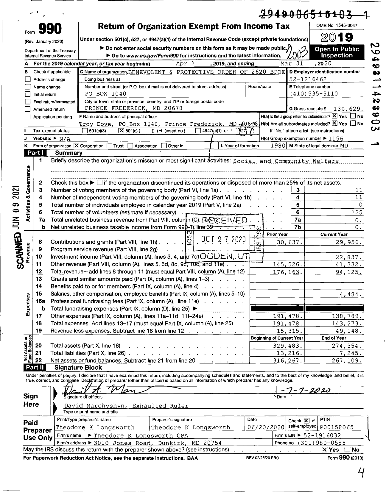 Image of first page of 2019 Form 990O for Benevolent and Protective Order of Elks - 2620 Calvert