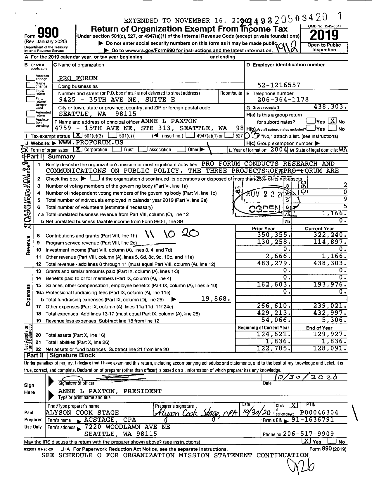 Image of first page of 2019 Form 990 for Pro Forum