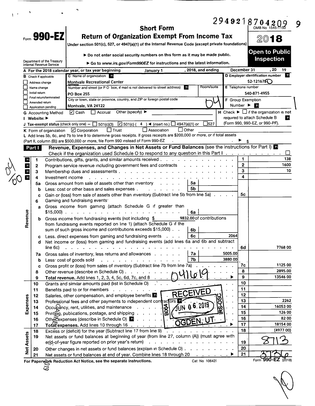 Image of first page of 2018 Form 990EO for Montvale Recreational Club